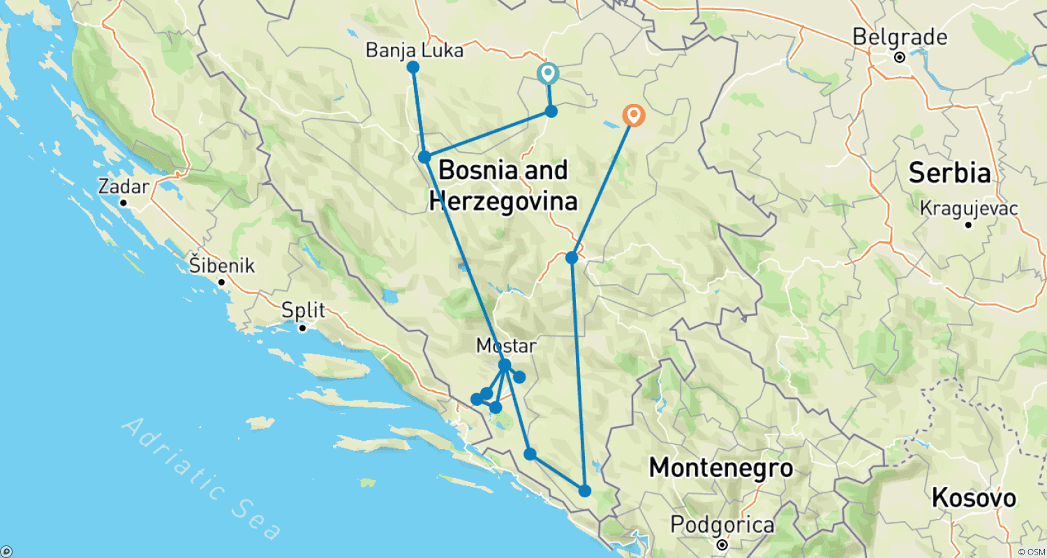 Mapa trasy: Niesamowita wycieczka po Bośni i Hercegowinie: Miejsca UNESCO i inne najważniejsze atrakcje podczas 17-dniowej wycieczki z Tuzli