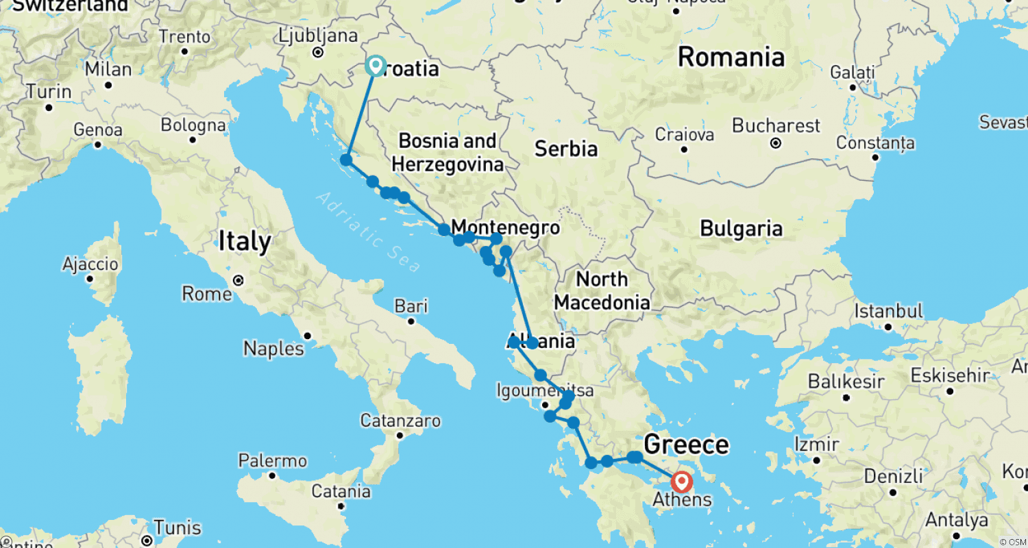 Mapa trasy: Explore The Balkans: Croatia, Bosnia, Montenegro, Albania and Greece on a 21-days tour from Zagreb!