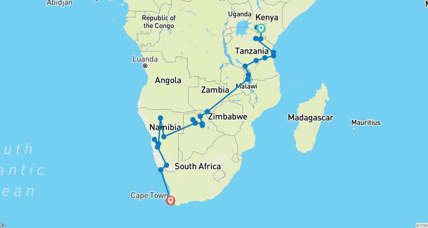 Mapa do percurso de 43-day Kenya to Cape Town (Camping)