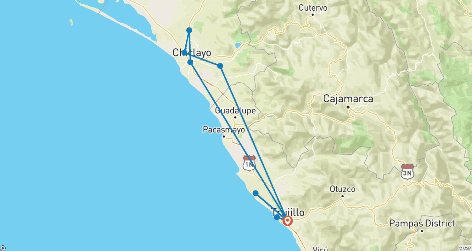 Mapa do percurso de 4 dias - Trujillo e Tumbas Reais de Sipan