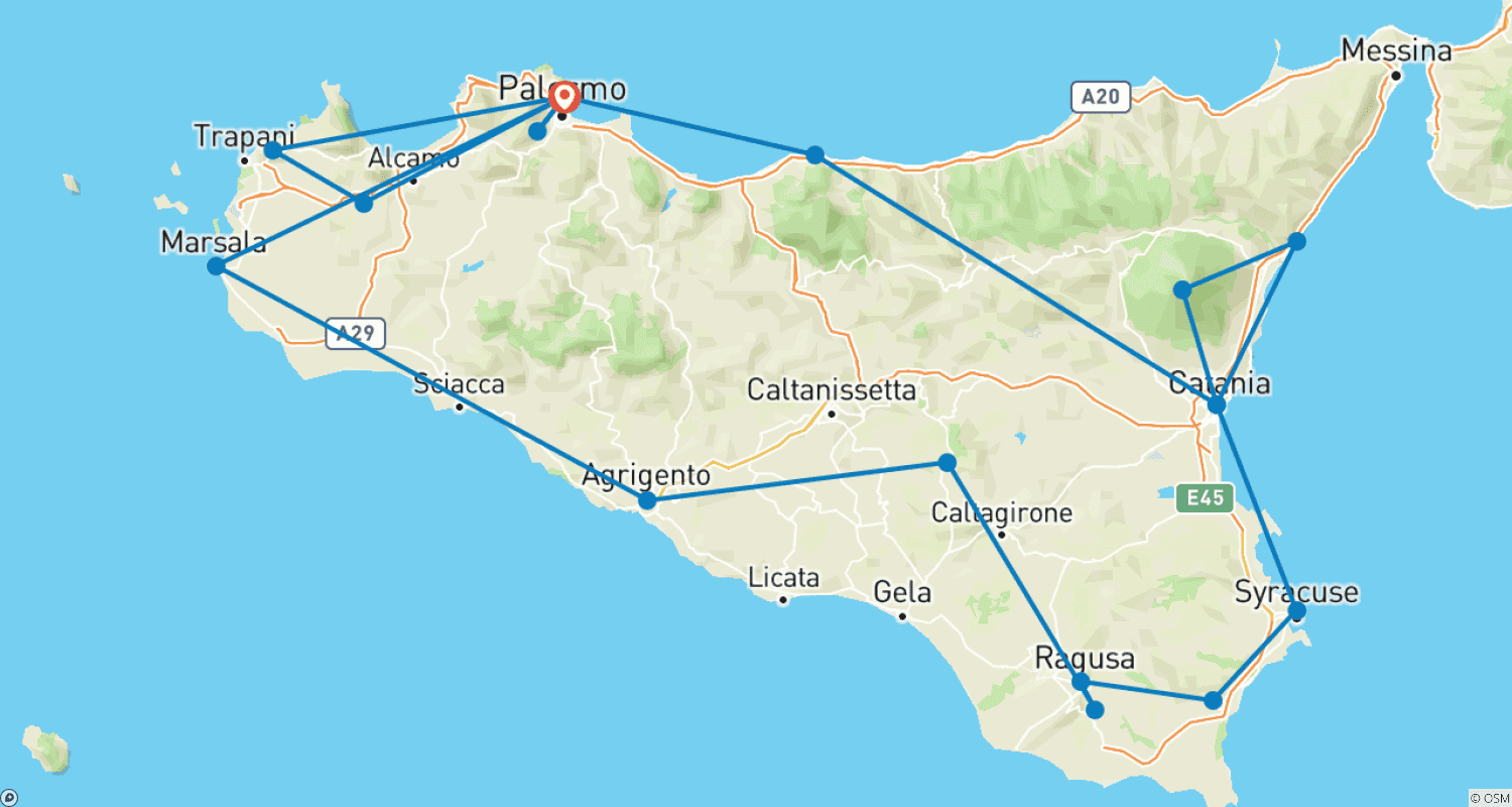 Mapa trasy: Sycylijskie sekrety – wycieczka po Sycylii 10 dni z Palermo