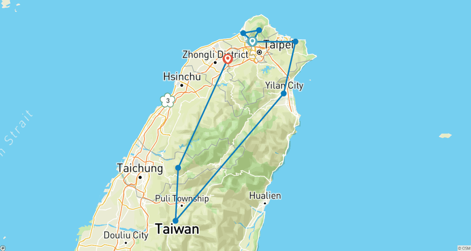 Mapa do percurso de Terra de Jade e Chá – Taiwan Ativo