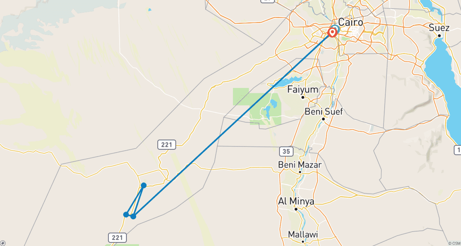 Mapa do percurso de Planeta do Deserto: Pirâmides de Gizé, Museu GEM + CAMPING Noturno no Deserto Branco com Traslados Privados no Cairo