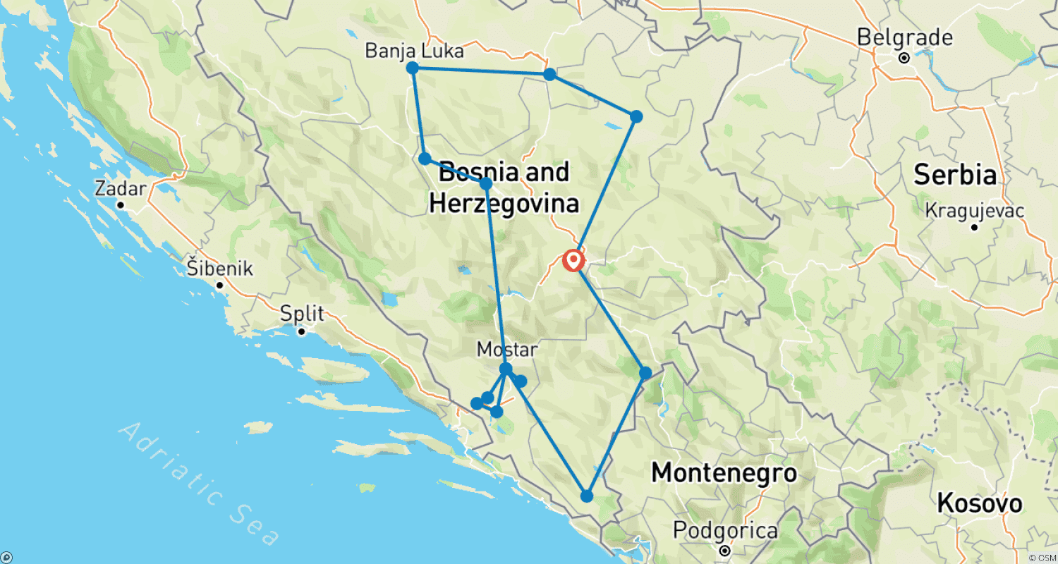 Mapa trasy: Całoroczna 15-dniowa wycieczka kulturowa eksplorująca nieturystyczne zakątki Bośni z Sarajewa. Średniowieczna kraina Bośni: zabytki historyczne, niesamowita przyroda, wyśmienita kuchnia.