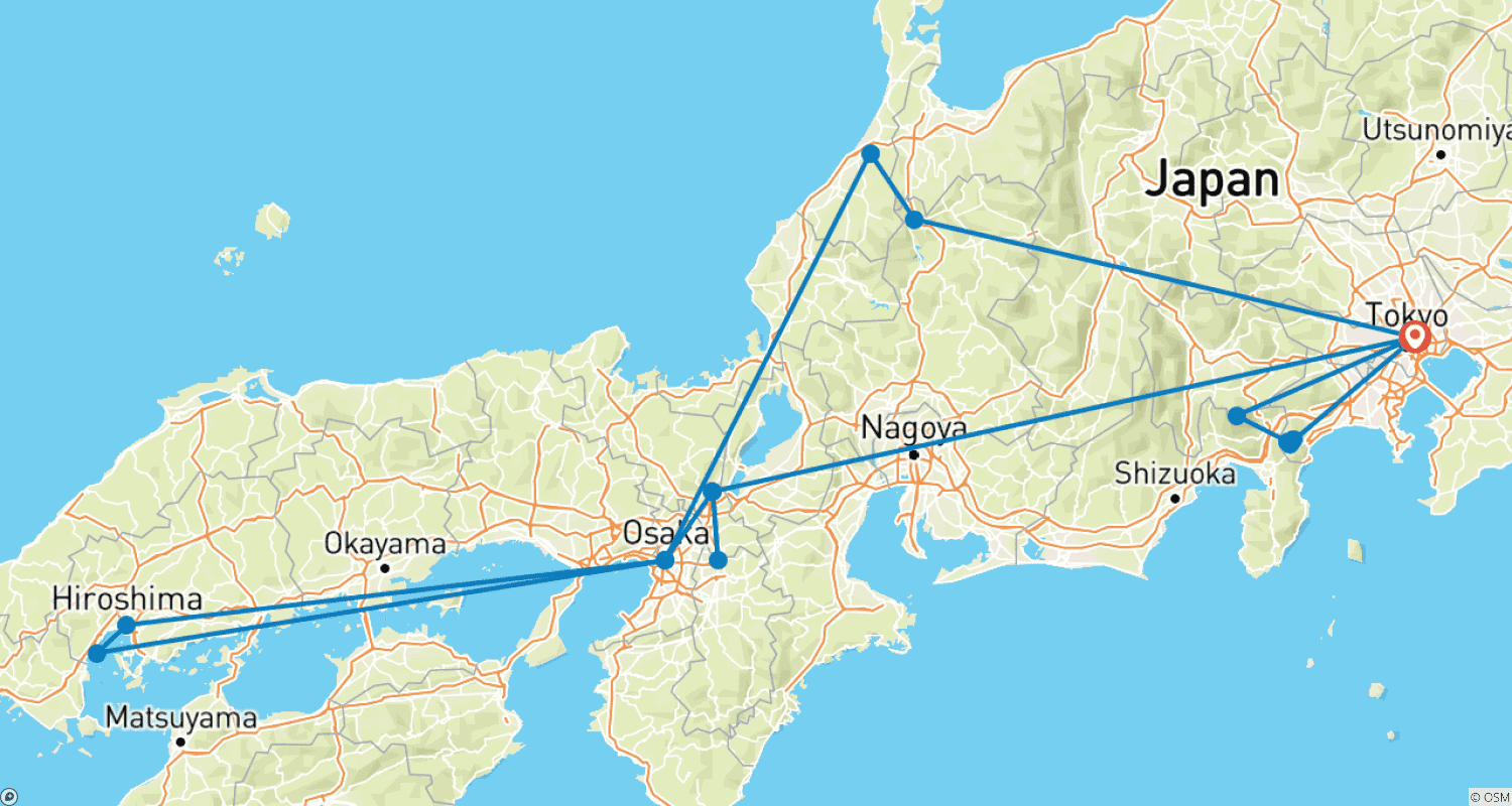 Mapa trasy: 10-dniowa klasyczna mini-wycieczka po Japonii z Tokio, hotele 3 i 4-gwiazdkowe (maks. 6 osób)