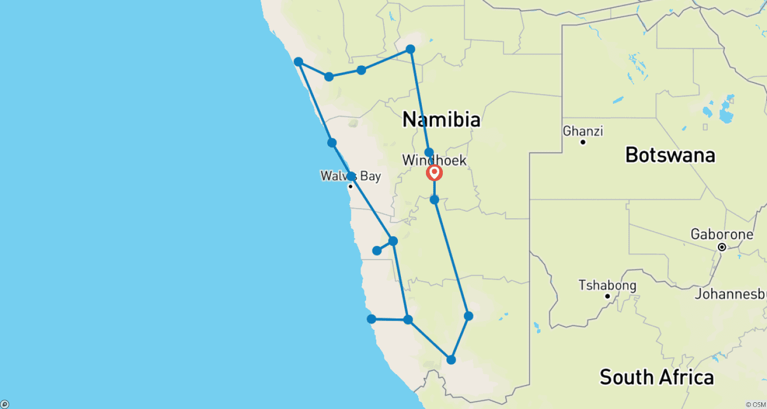 Mapa do percurso de Safari de Acampamento Clássico de 12 Dias na Namíbia