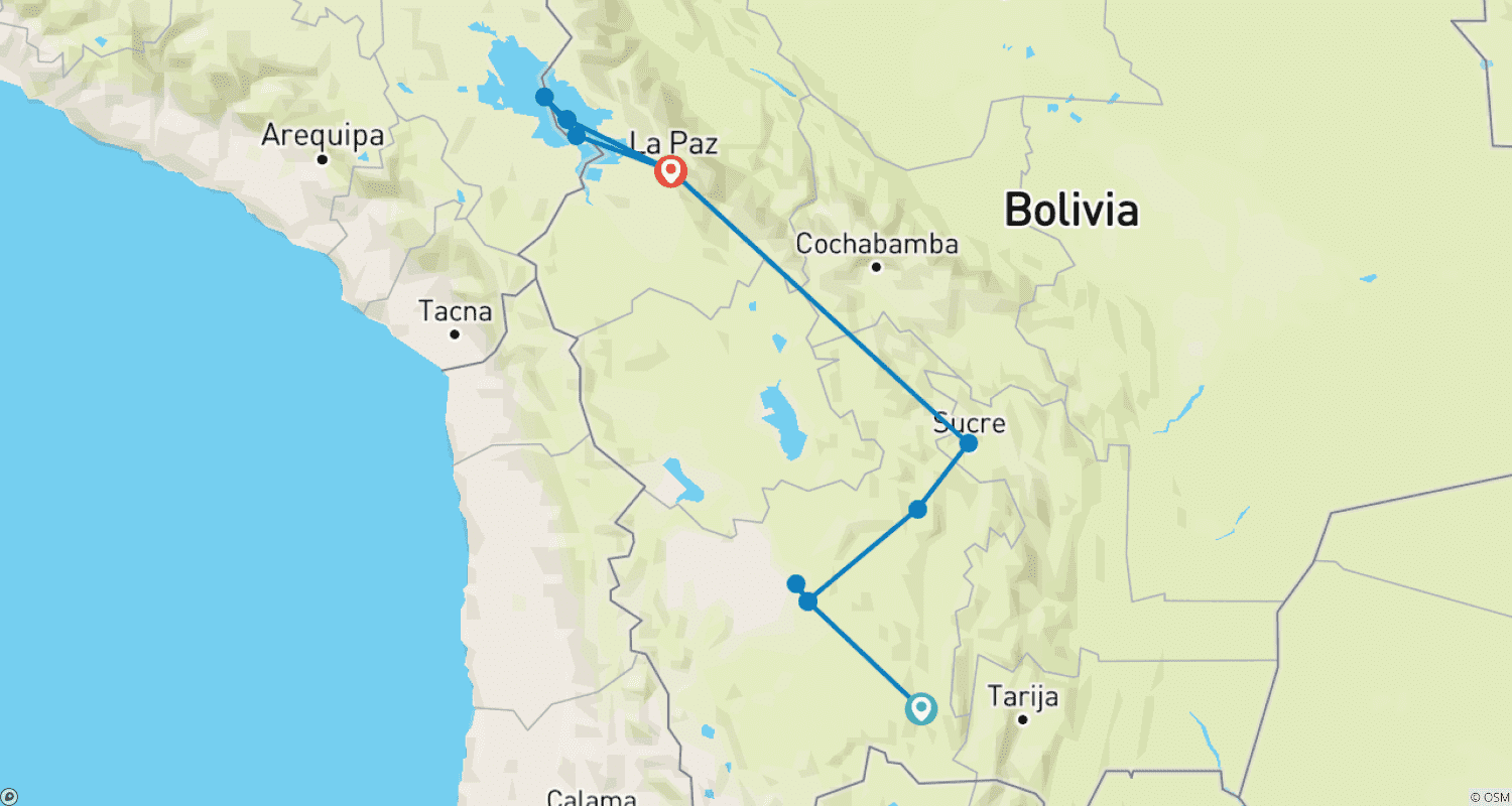 خريطة مسار بوليفيا - Villazón, Uyuni, Potosí, Sucre, لاباز و Copacabana - 8 أيام