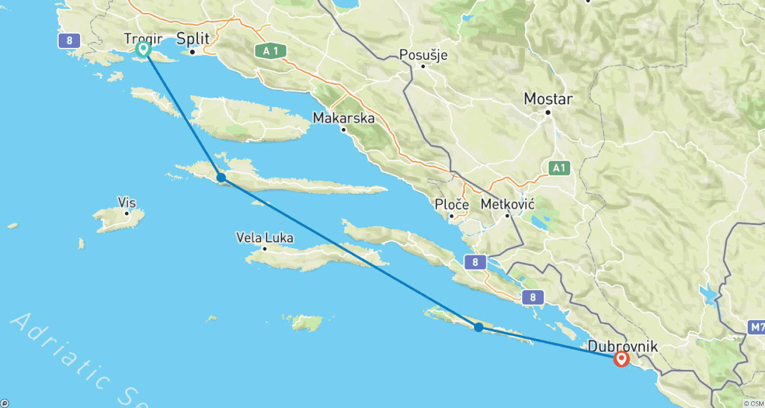 Mapa do percurso de 4 dias de Split a Dubrovnik, barco Superior, Idade Mista, 10-69 anos