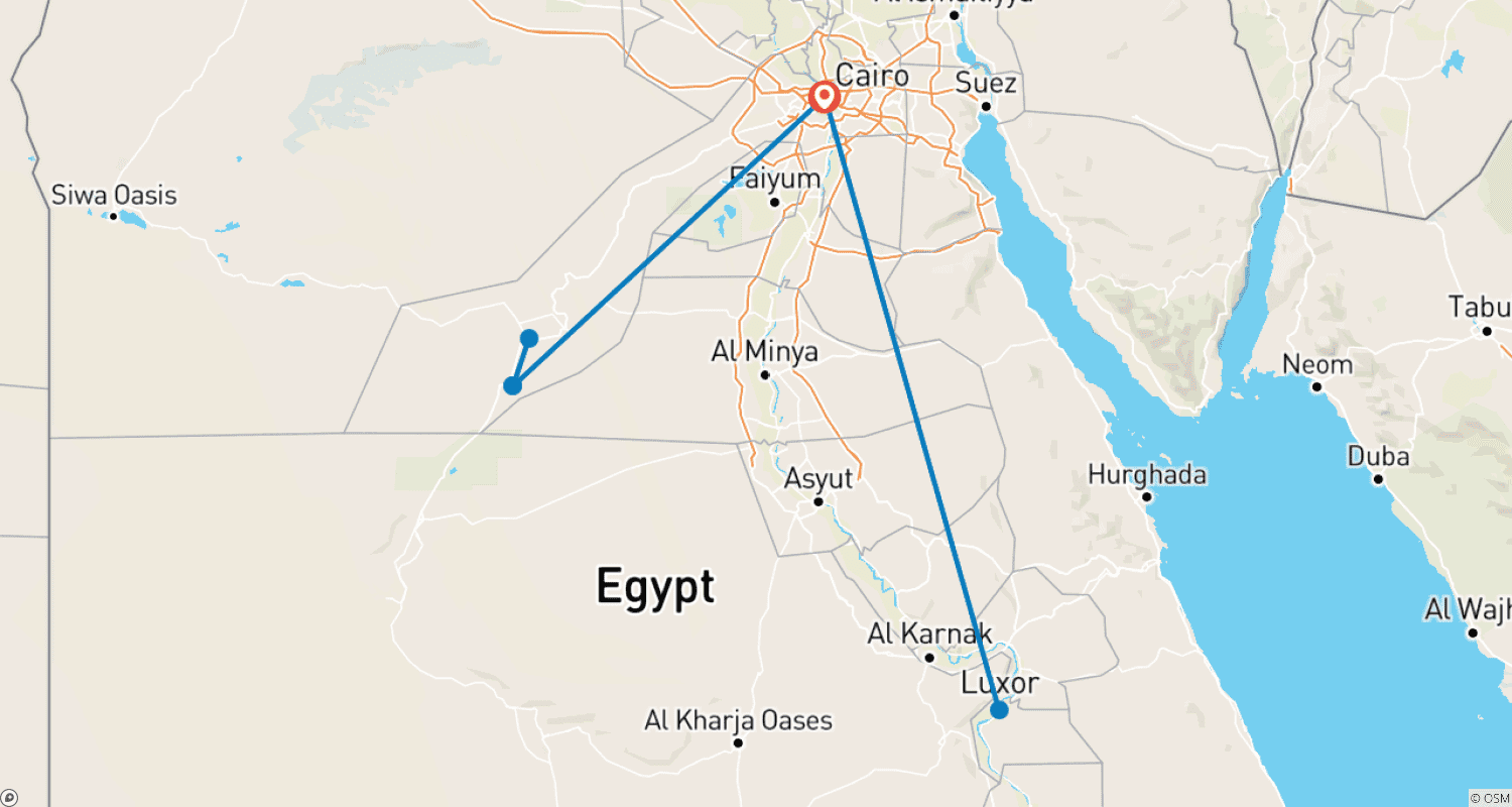 Mapa trasy: Adventure Egypt: 7 Days Tour to Cairo - Giza - White Desert Camping, and Luxor