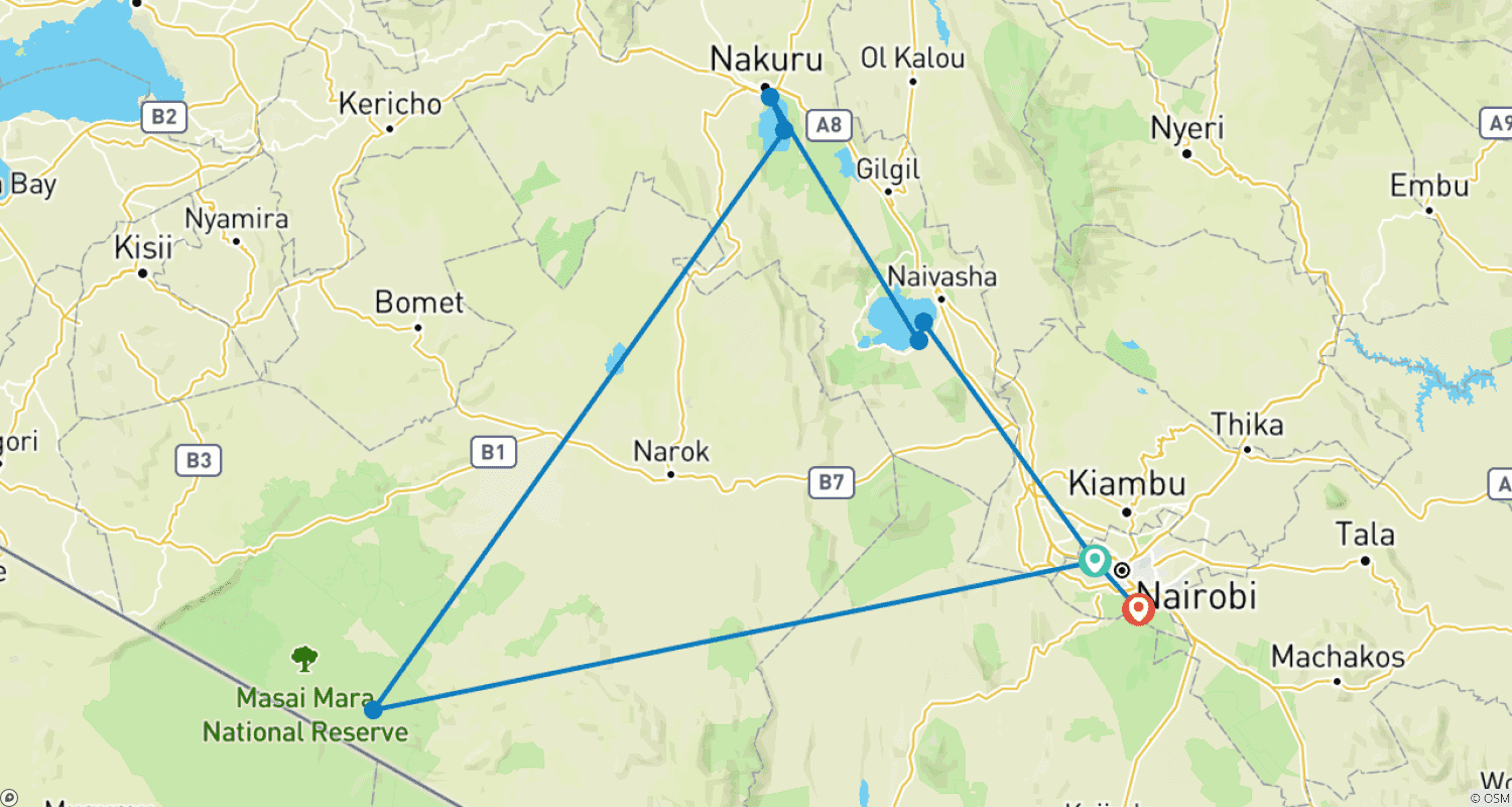 Mapa trasy: 7-dniowa Przygoda Safari z Migracją Gnu w Masai Mara Jeepem Land Cruiser 4x4