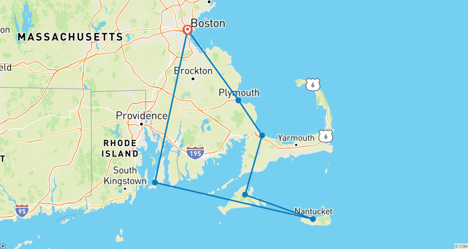 Mapa do percurso de Boston, Cape Cod e as Ilhas (Clássico, Prévia 2022, 8 Dias)