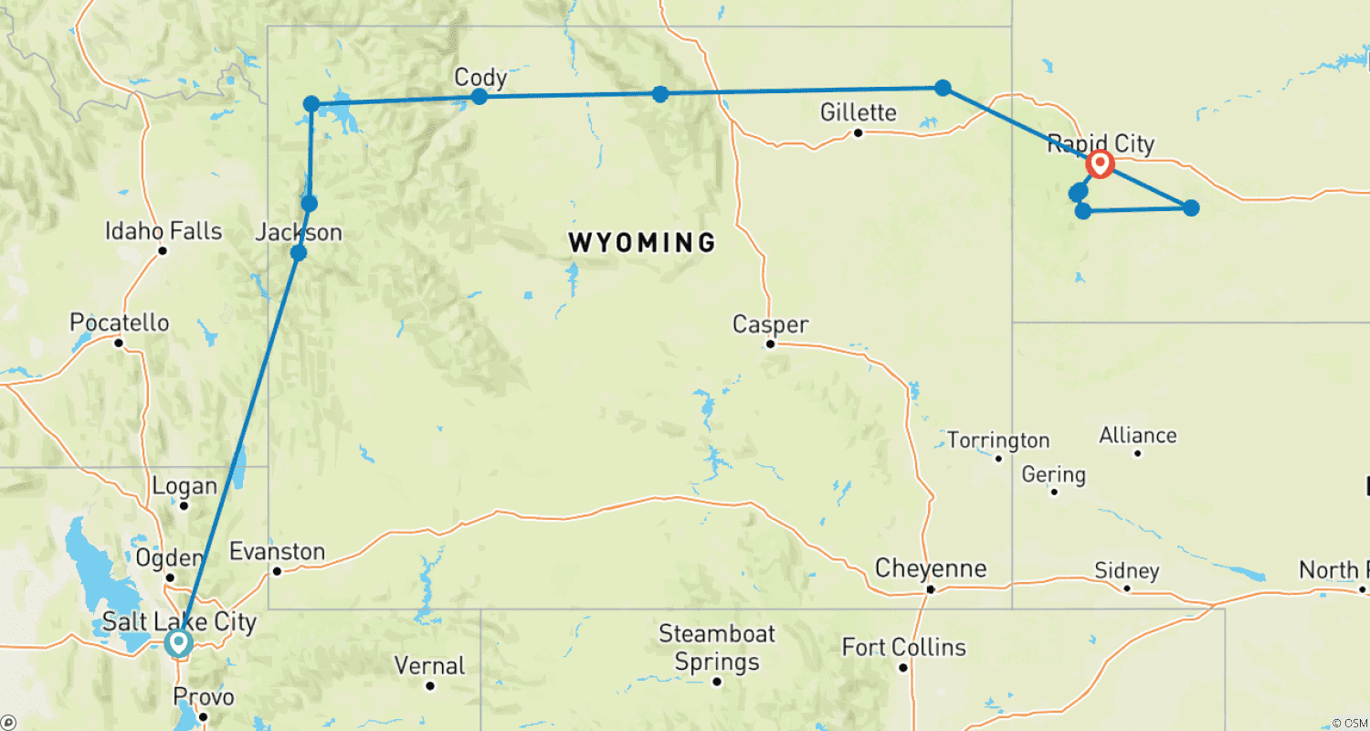 Mapa trasy: American Parks Trail (Klasyczna, Zakończenie w Rapid City)