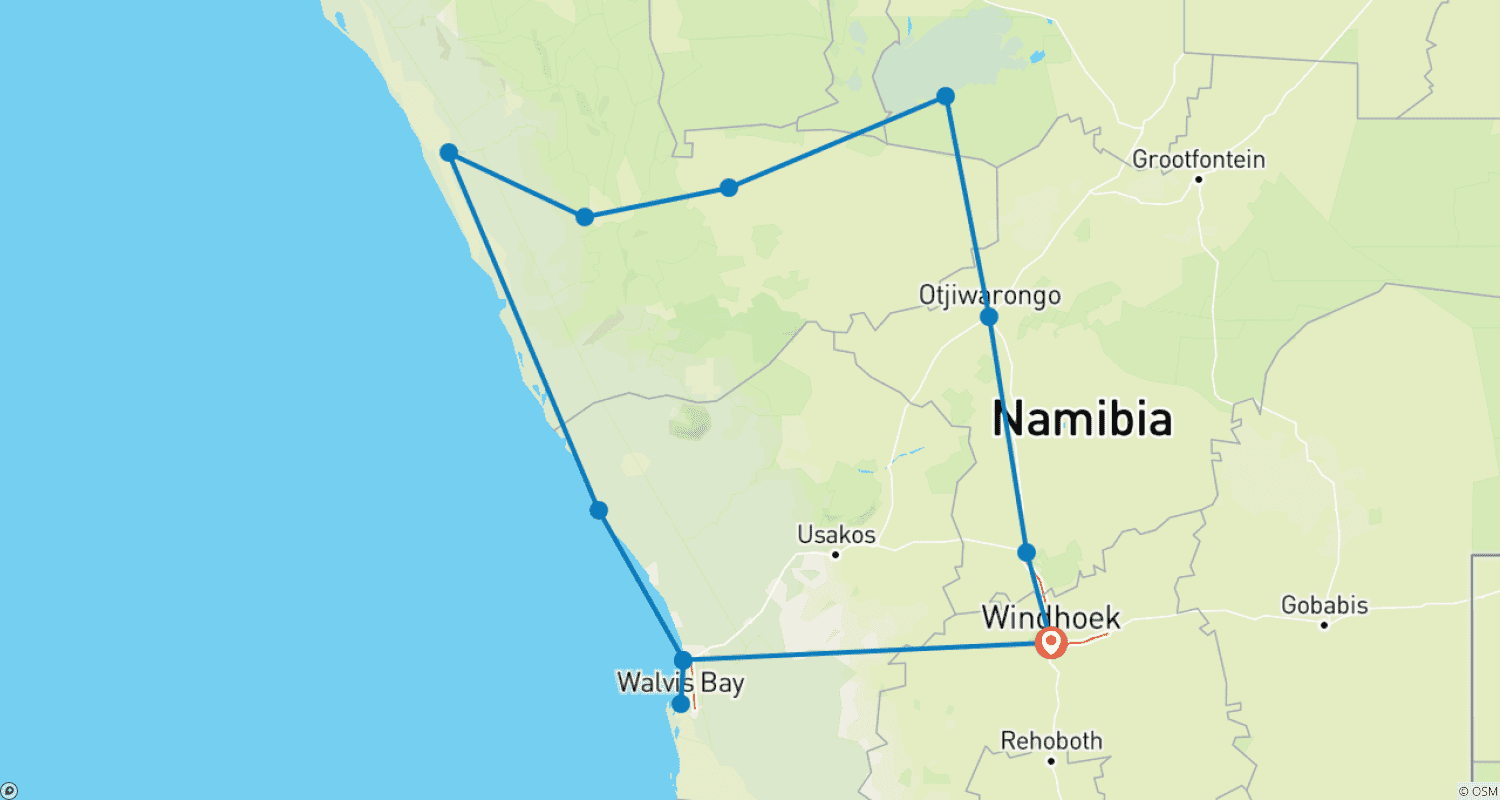 Mapa trasy: 7 Day Northern Namibia & Skeleton Coast Camping Safari