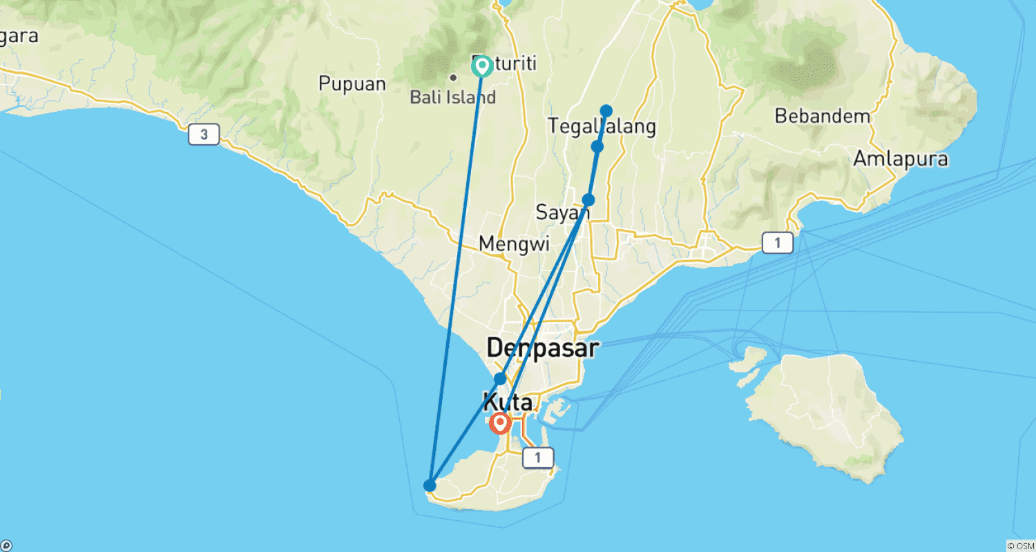 Mapa trasy: Indywidualna, Prywatna 8-dniowa podróż poślubna do Indonezji na Bali, z codziennym rozpoczęciem