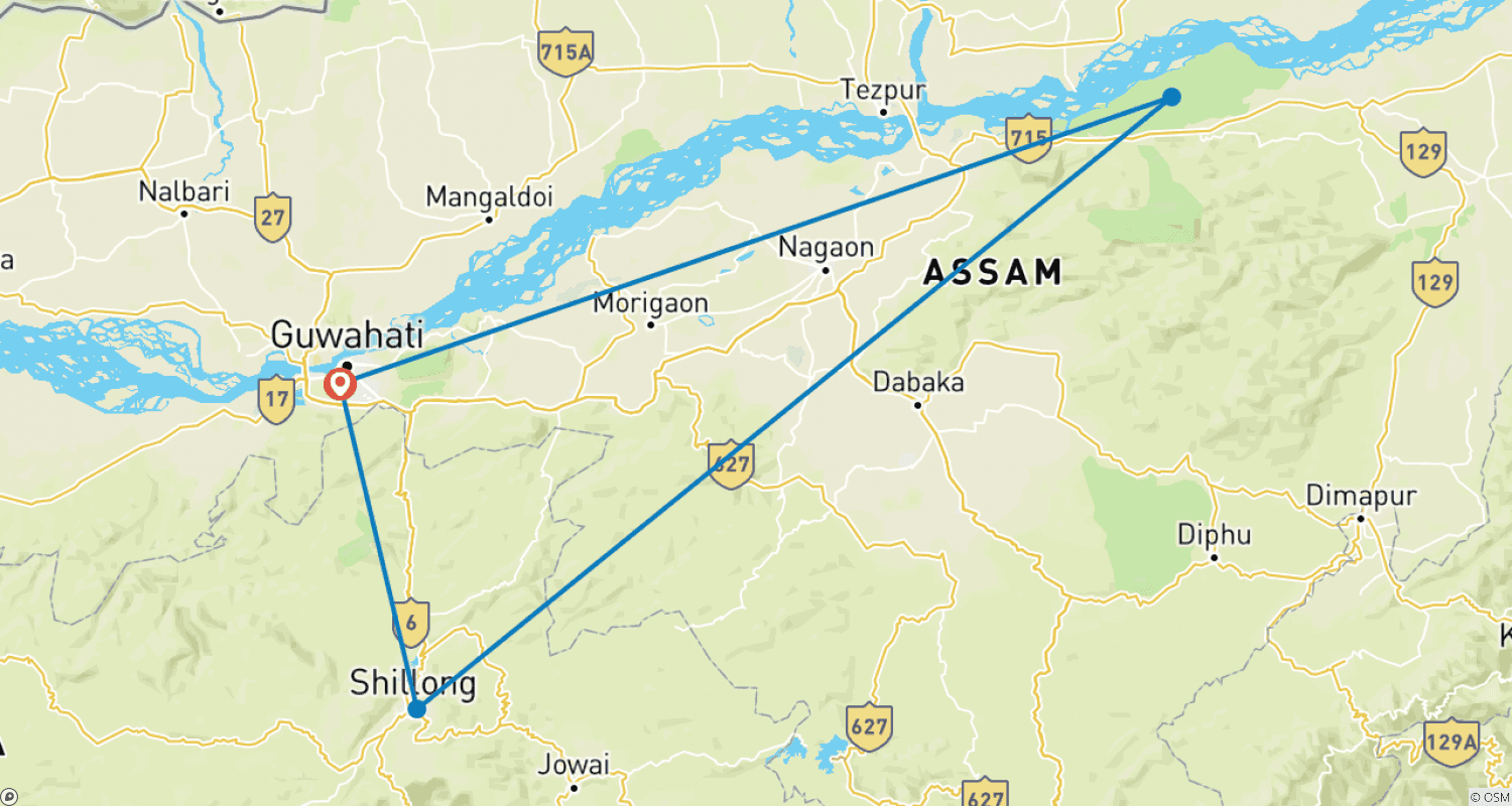 Mapa do percurso de Triângulo Dourado do Nordeste com Tour ao Parque Nacional de Kaziranga