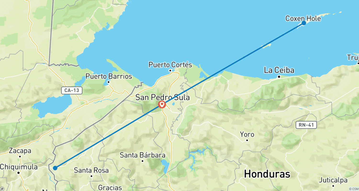 Mapa do percurso de Honduras: San Pedro Sula, Ruínas de Copán & Roatán - 5 dias
