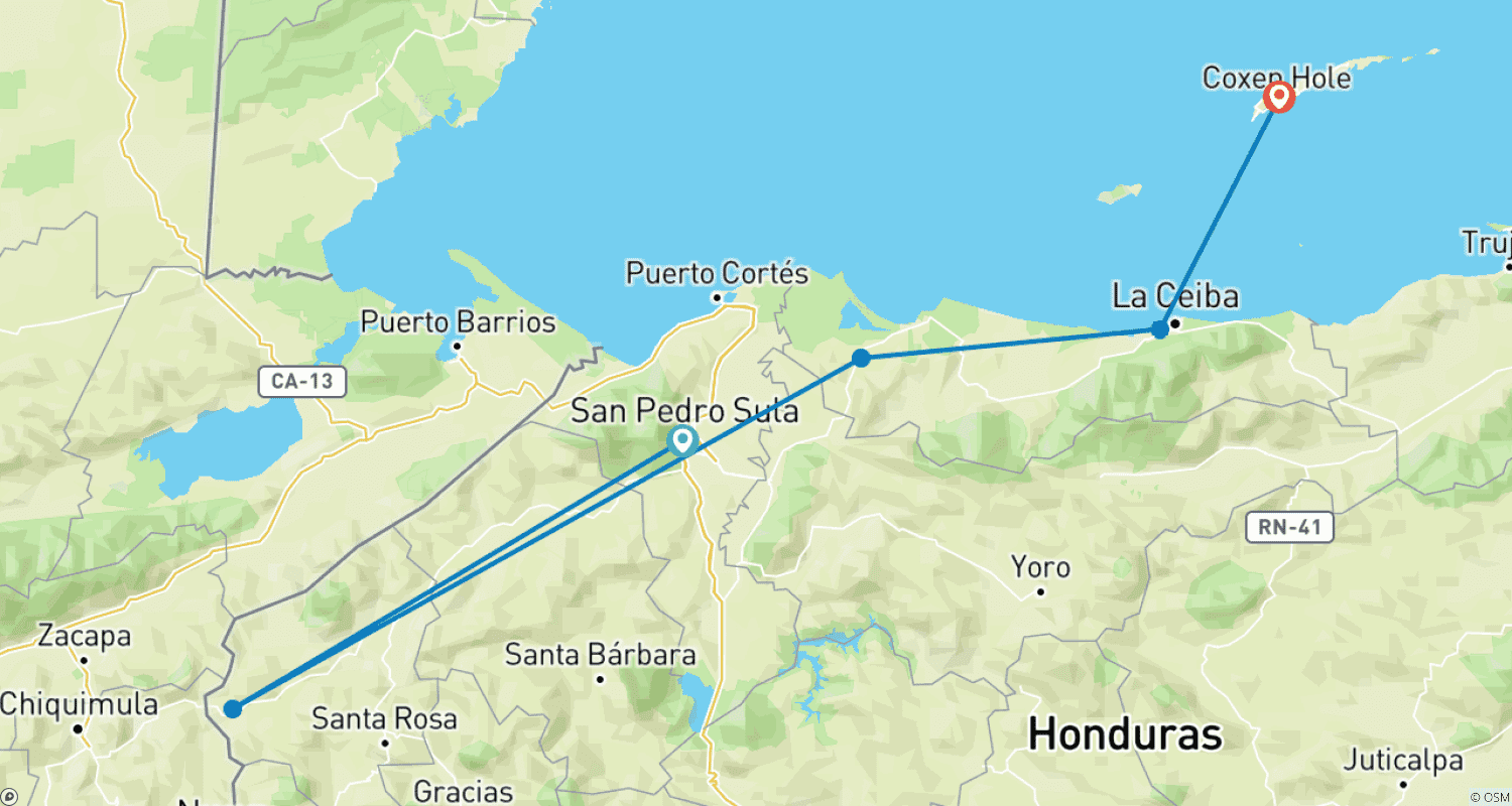 ホンジュラス：San Pedro Sula、Copan遺跡、Tela、La Ceiba、Roatán - 9日間のルートマップ