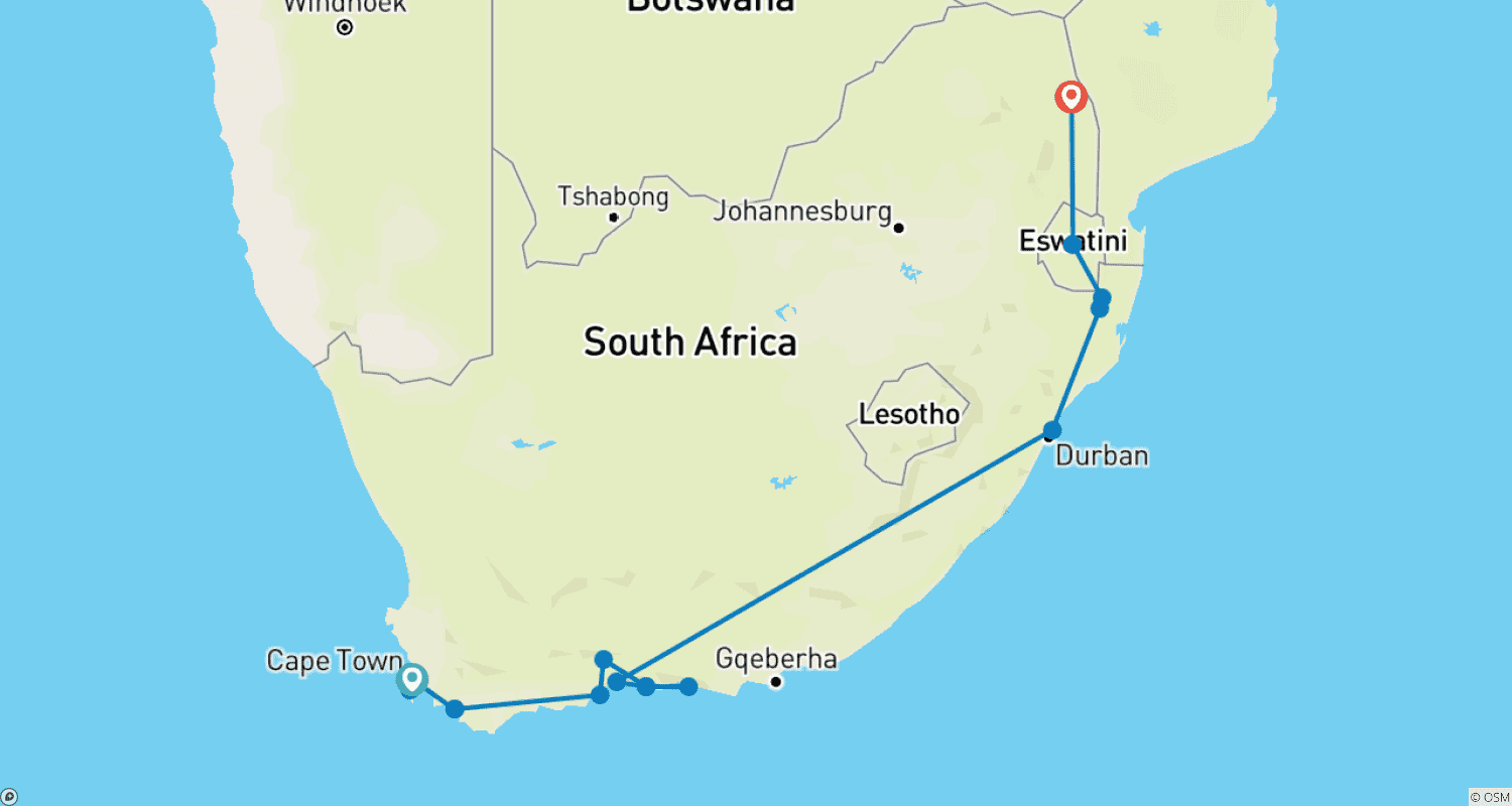 Mapa trasy: South Africa: From the Cape to Kruger
