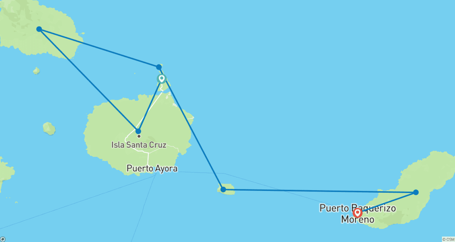 Mapa do percurso de Cruzeiro em Galápagos - Ilhas Centrais e Orientais em 5 Dias a bordo do Monserrat