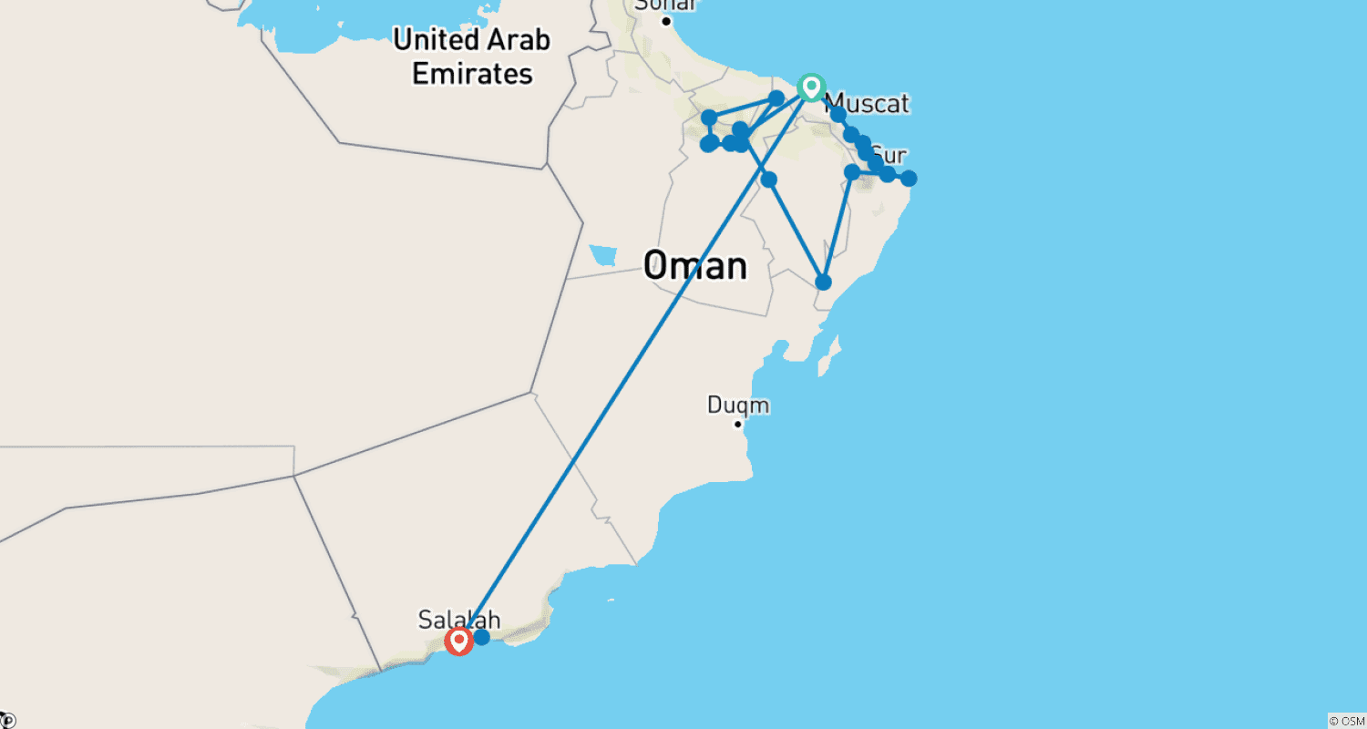 Mapa do percurso de Classical  Sultanate of Oman - Group Tour of Muscat, Ras Al Had, Wahiba Nizwa, Jebel Shams and Salalah