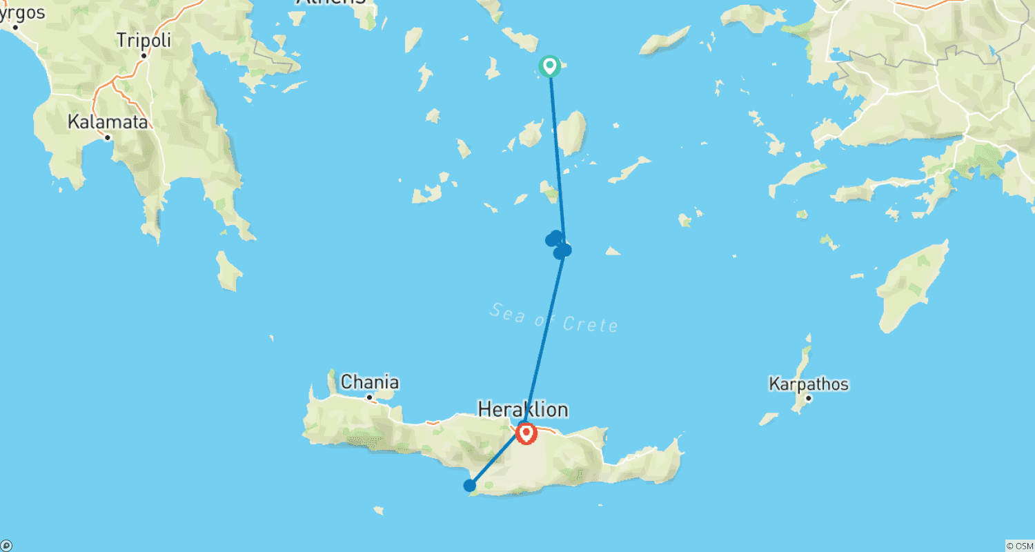 Mapa do percurso de Passeio entre Ilhas, Verão nas Ilhas Gregas: Mykonos, Santorini, Creta