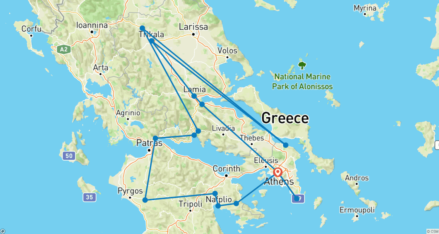 Mapa do percurso de Excursão Clássica Grécia Nafplion, Olímpia, Delfos, Meteora - Tour Privado