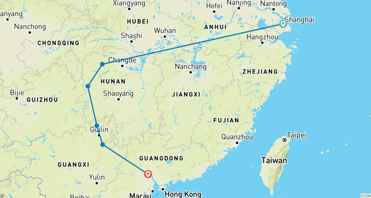中国南部探訪12日間:上海から張家界、陽朔、広州へのルートマップ