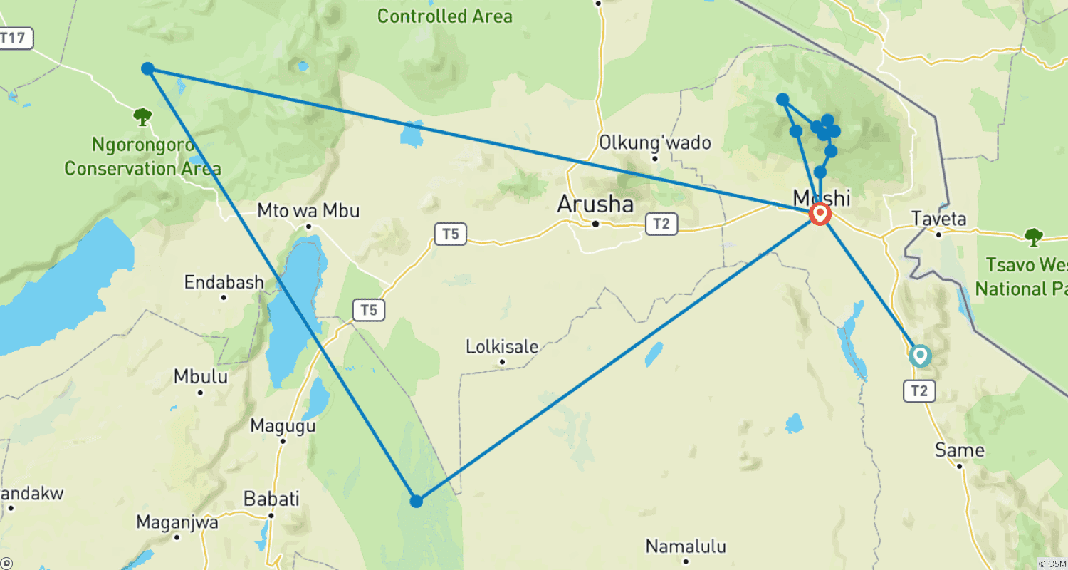 Mapa do percurso de Cume do Kilimanjaro pela Rota Machame e Safári com Acampamento - (PRIVADO)