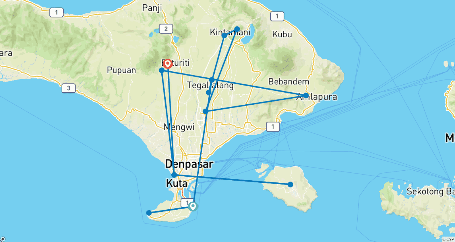 Mapa do percurso de Tour Privado de 10 Dias em Bali Sob Medida com Partida Diária