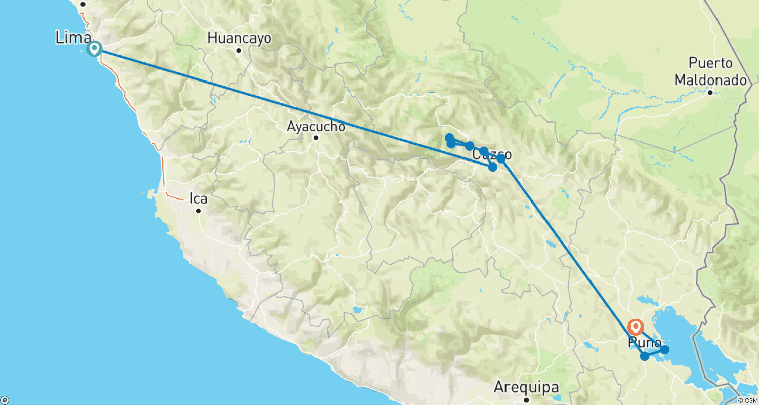 Mapa trasy: Szyta na miarę 9-dniowa najlepsza rodzinna wycieczka po Peru, codzienne wyjazdy i prywatny przewodnik