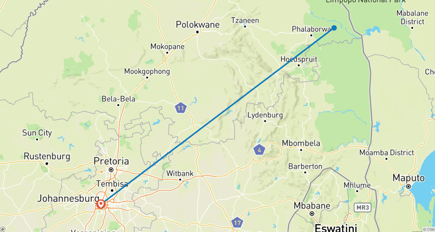 Mapa trasy: Z Johannesburga: 4-dniowa klasyczna wycieczka safari do Parku Krugera.