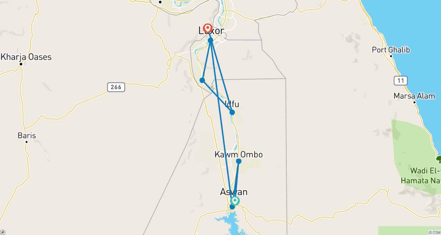 Mapa do percurso de 3 Noites / 4 Dias no Cruzeiro Salima de Assuã a Luxor