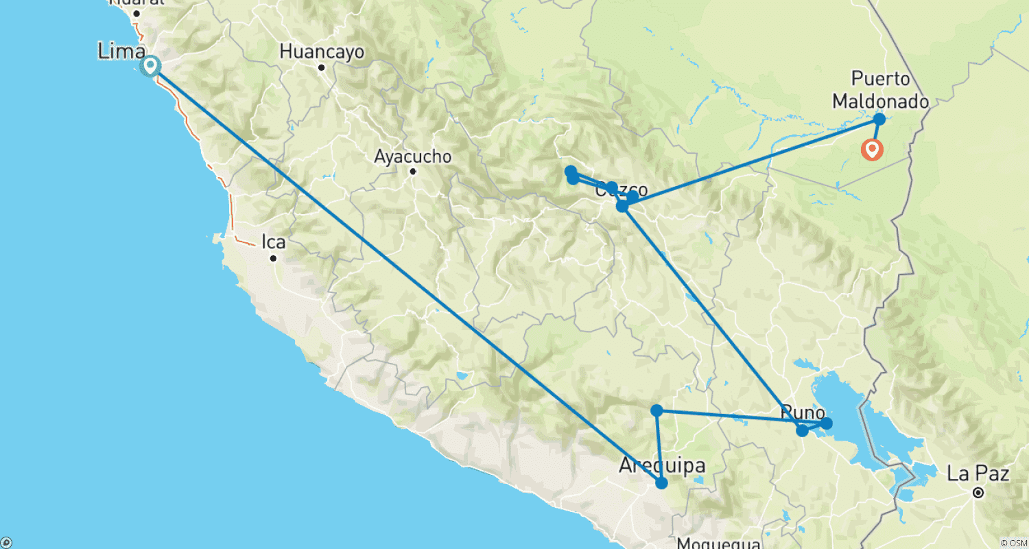 Mapa do percurso de Férias em Família Personalizadas de 14 Dias no Peru, Partidas Diárias e Guia Privado