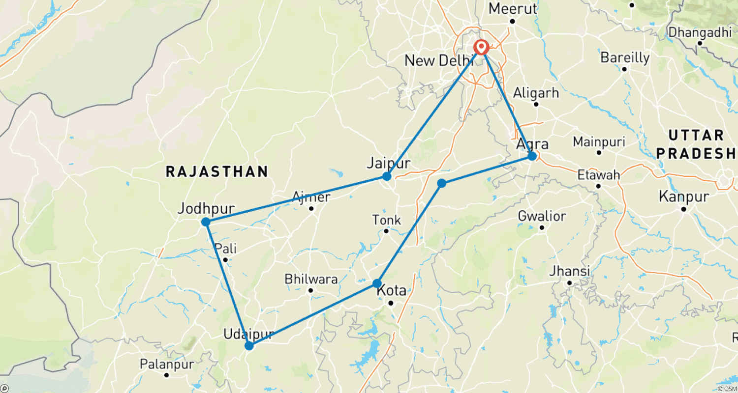Classic Rajasthan and Agra Tour with Heritage Staysのルートマップ