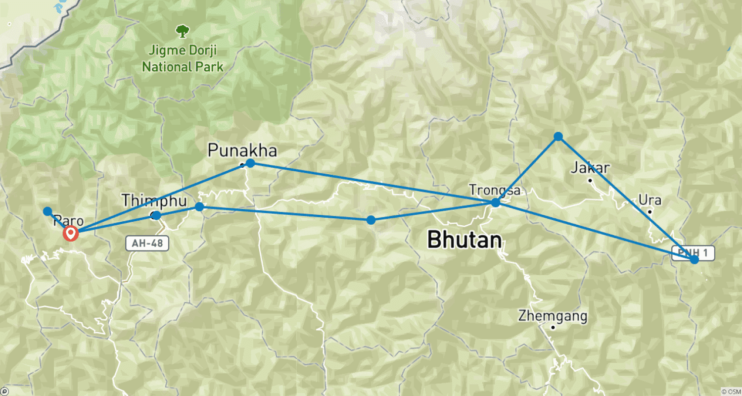Mapa do percurso de Bhutan Birding & Wildlife Tour