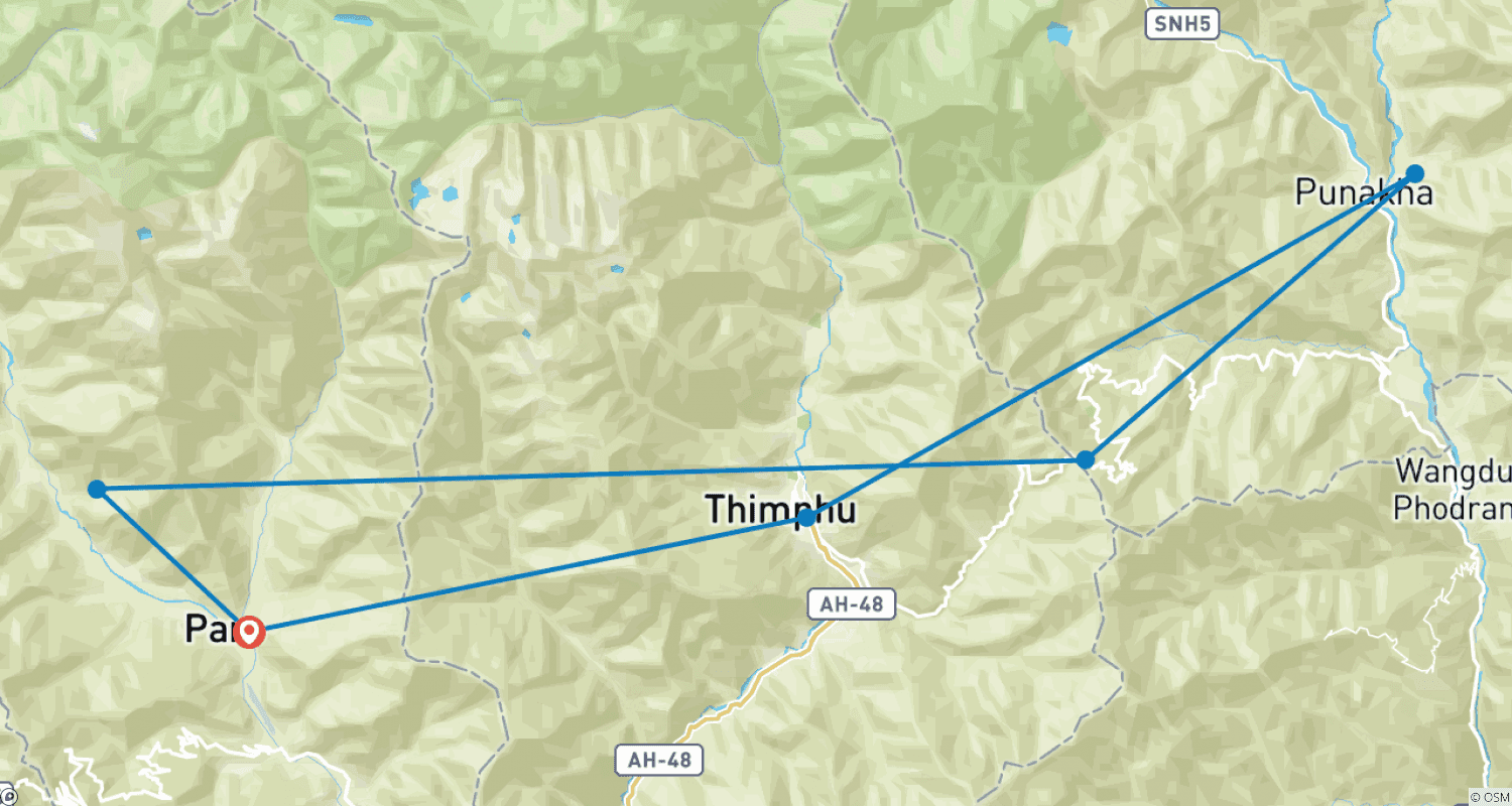 Mapa trasy: Najlepsza wycieczka po Bhutanie
