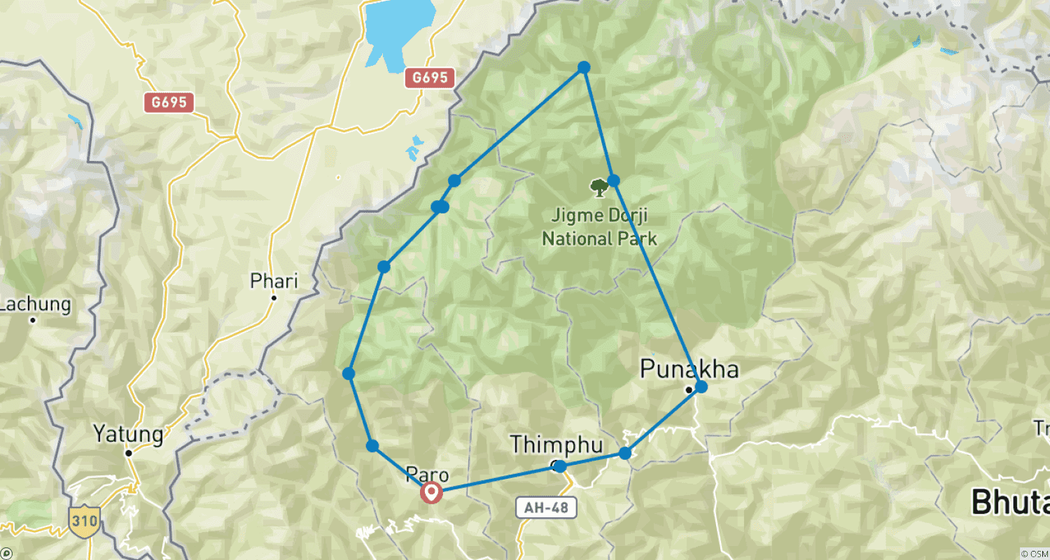 Mapa do percurso de Trekking Cênico Jomolhari Laya Gasa no Butão