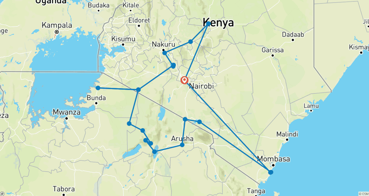 خريطة مسار 19-Days Best of Kenya, Tanzania & Diani Beach Holiday- High End