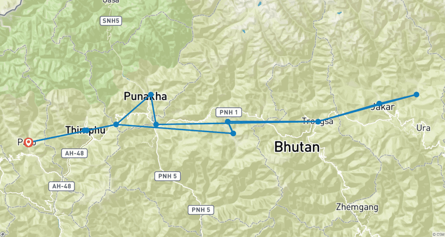 Mapa trasy: Kulturowa wycieczka po Bhutanie z 2-dniowym trekkingiem w Dolinie Bumthang
