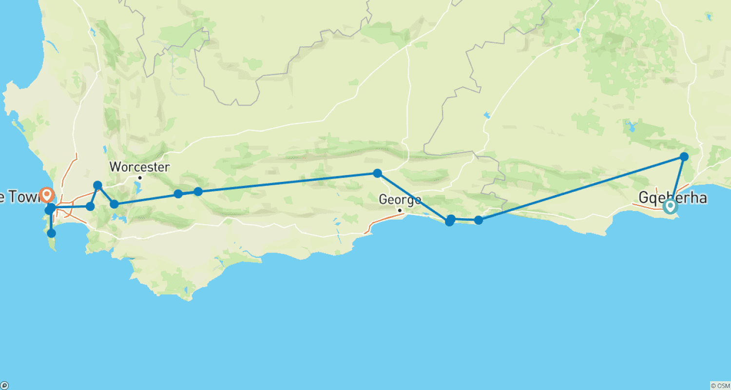Mapa do percurso de Tour Privado Personalizado de 10 Dias pela Rota Jardim da África do Sul, Partida Diária
