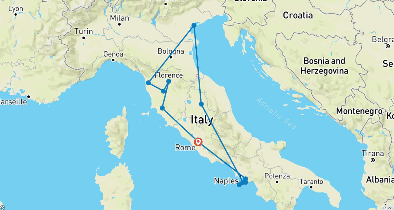 Mapa do percurso de O Melhor da Itália (Clássico, Prévia 2022, Fim em Roma, 11 Dias)