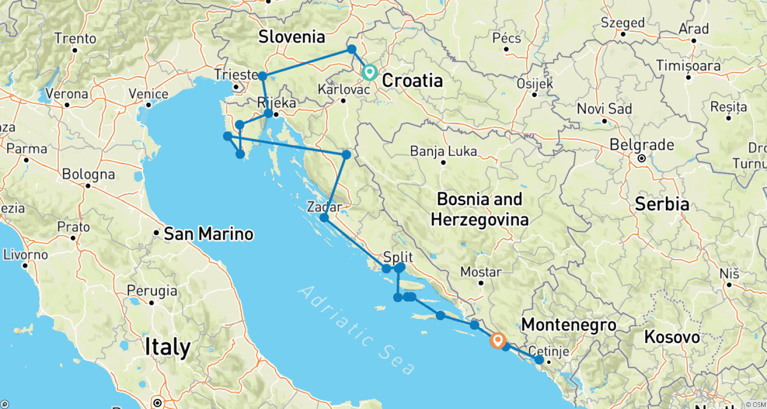 Mapa do percurso de Estradas Rurais da Croácia (Pequenos Grupos)
