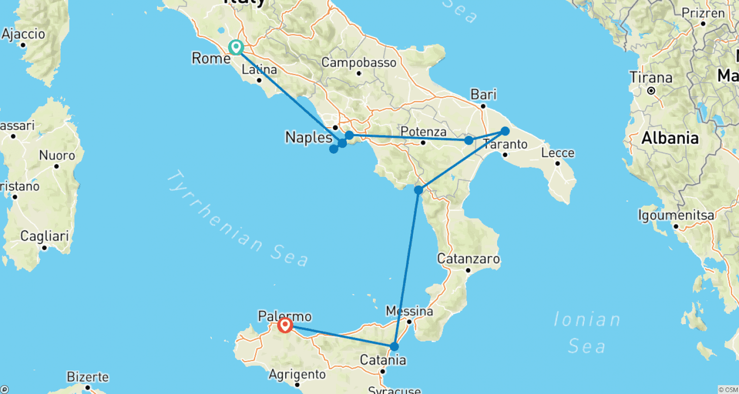 Mapa do percurso de Estradas Rurais do Sul da Itália e Sicília (Clássico, 14 Dias)