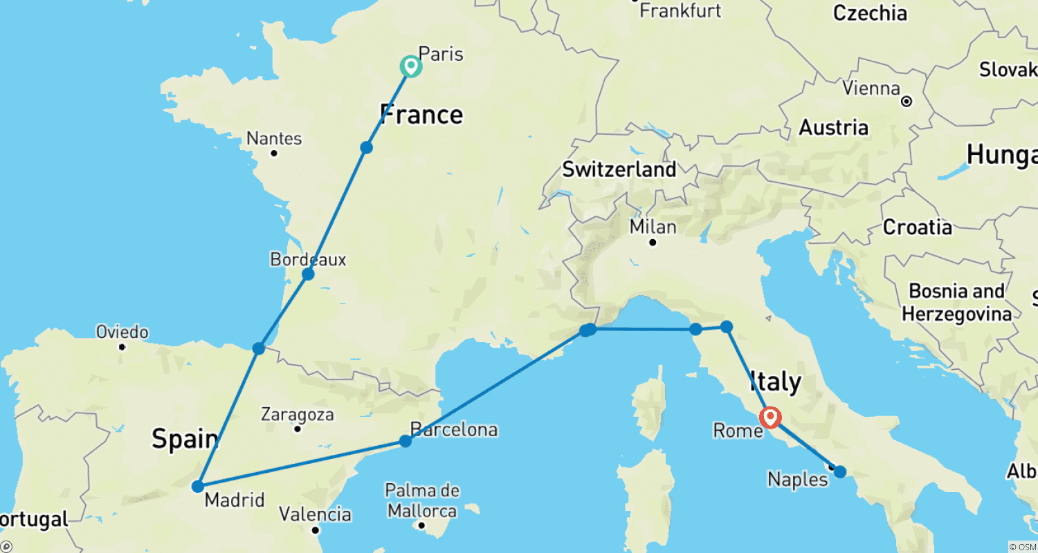 Mapa do percurso de Viagem Mediterrânea (Pequenos Grupos, Início em Paris)