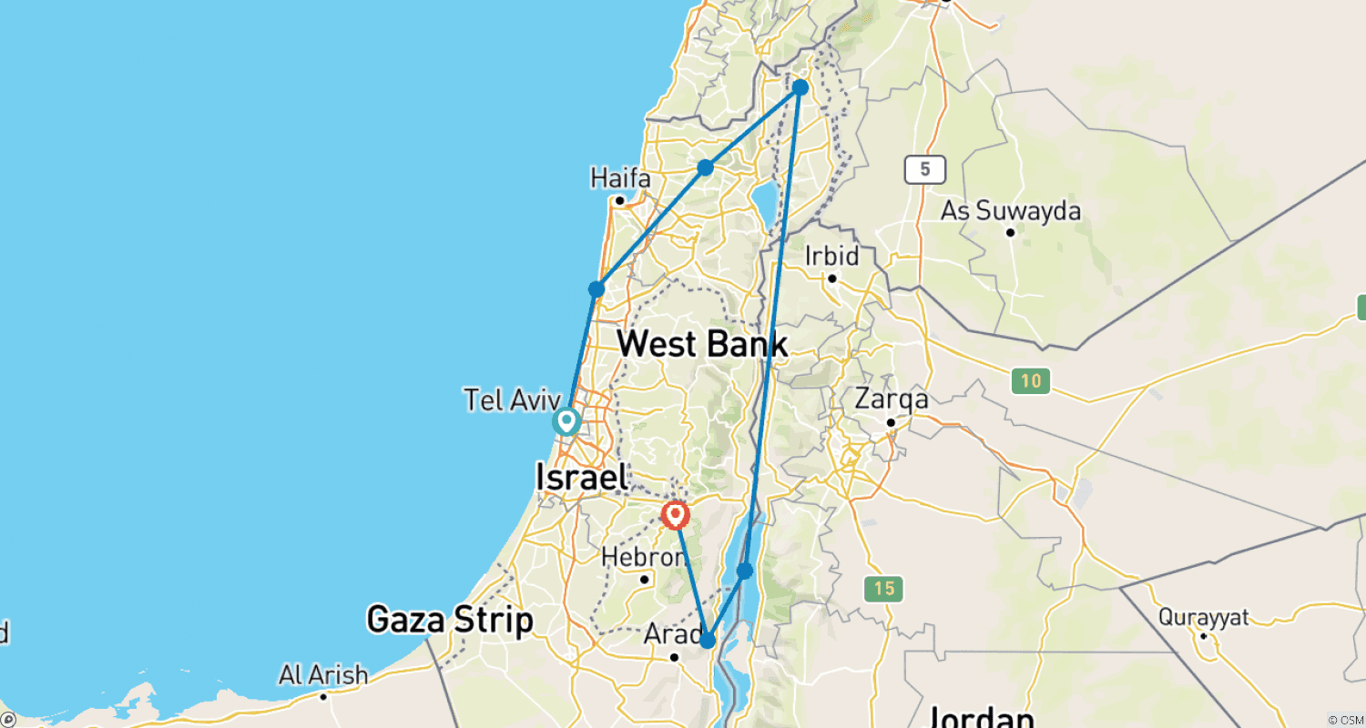 Mapa do percurso de Descoberta de Israel (Clássico, Inverno, 9 Dias)