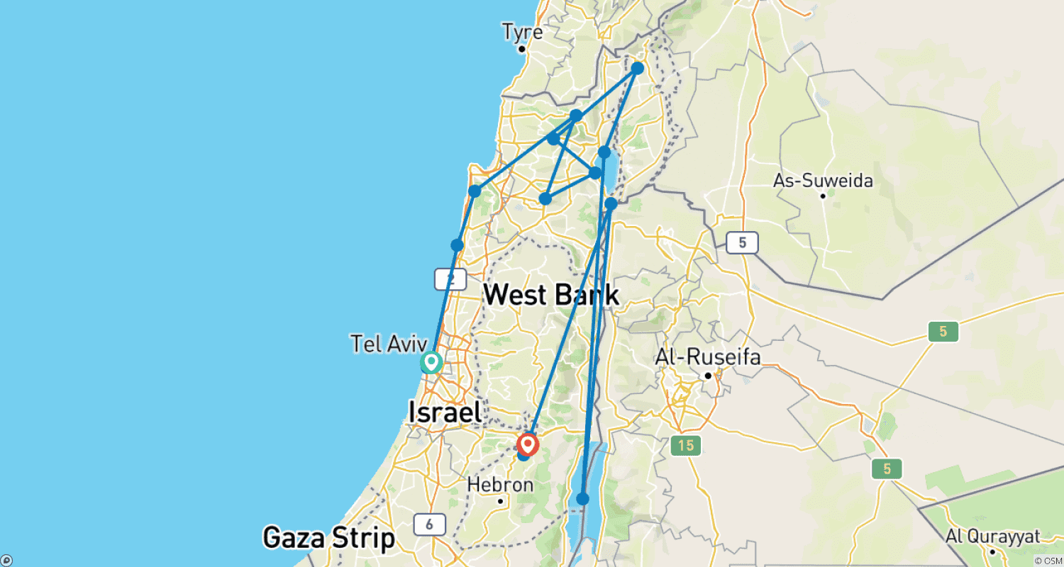 Mapa do percurso de Descoberta de Israel (Clássico, Verão, 9 Dias)