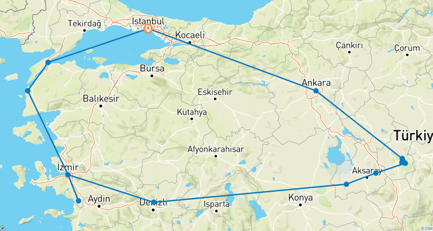 Mapa do percurso de Maravilhas da Turquia (Pequenos Grupos)