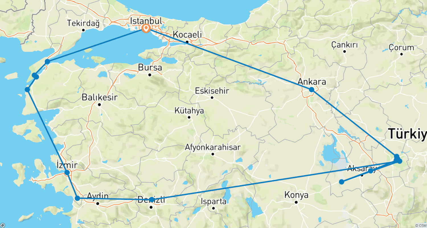 Mapa do percurso de Maravilhas da Turquia (Pequenos Grupos, Verão)