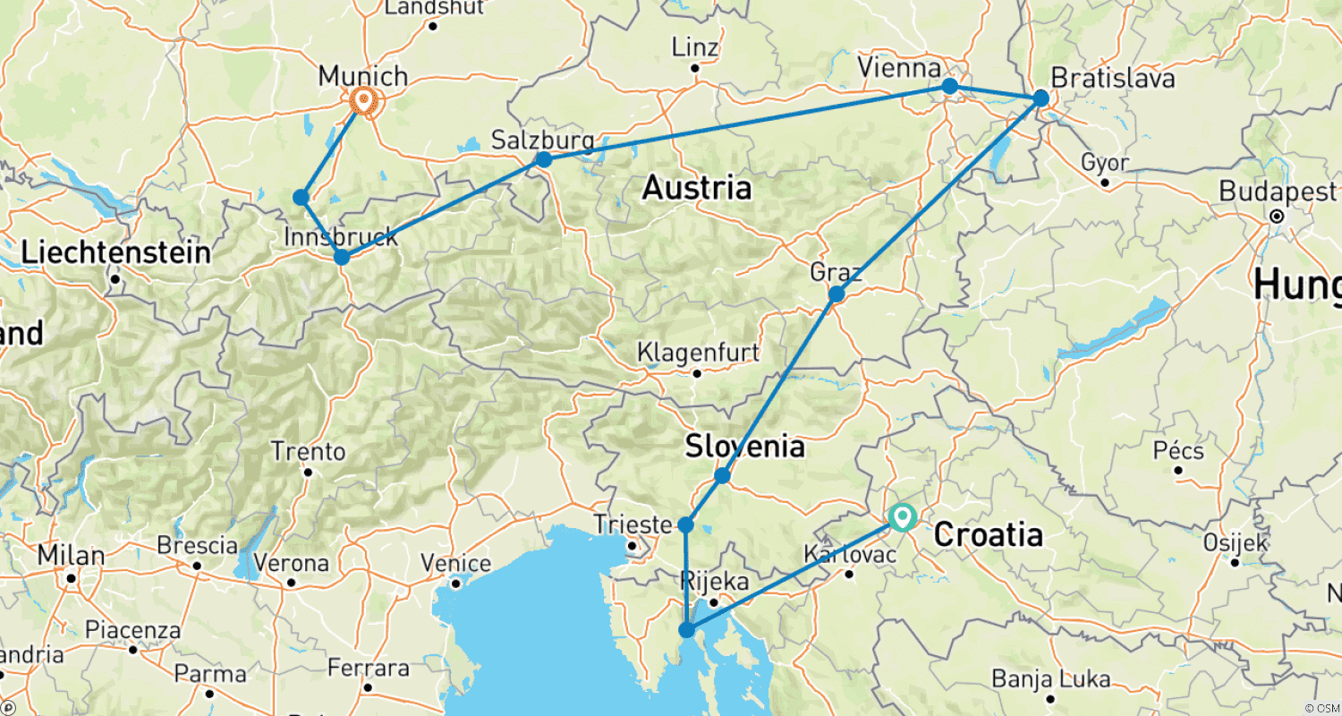 Mapa do percurso de Mercados de Natal da Europa Central (Pequenos Grupos, 13 Dias)