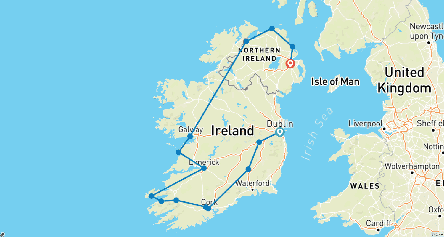 Mapa do percurso de Estradas Rurais da Irlanda (Pequenos Grupos, Inverno, Fim em Belfast, 12 Dias)